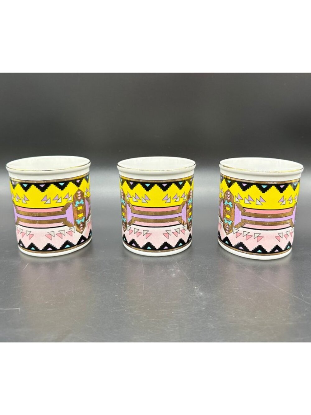 Vintage Mugs southwest Aztec Ceramic Japan Pink Yellow Purple Gold Cups Set of 3 - Picture 3 of 10